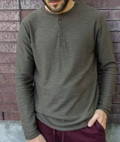 Nayked Apparel Shirts>Men'S Slub Knit Raw-Edge Henley/Discontinued Burnt Olive