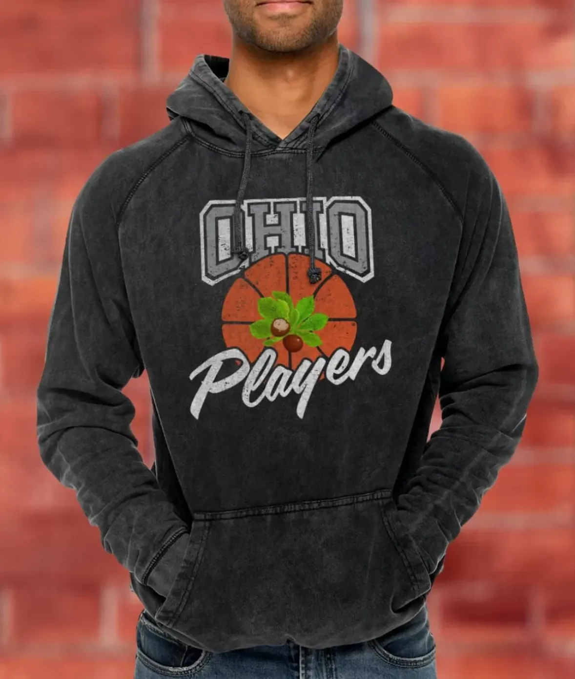 Nayked Apparel Shirts>Men'S Vintage Raglan Graphic Hoodie | Ohio Players (Buckeye Leaf) Vintage Black