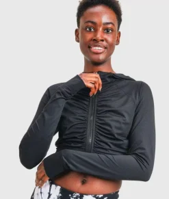 Nayked Apparel Outerwear>Ruched Front Cropped Hoodie Jacket/Discontinued Black