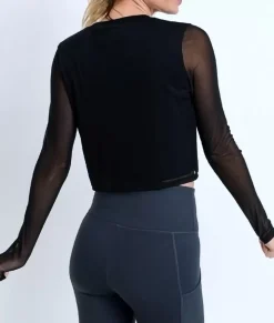 Nayked Apparel Tops>Women'S Mesh Sleeve Overlay Crop Top/Discontinued Black